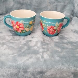 The Pioneer Woman Turquoise Floral Mugs with Pink and Red Flowers